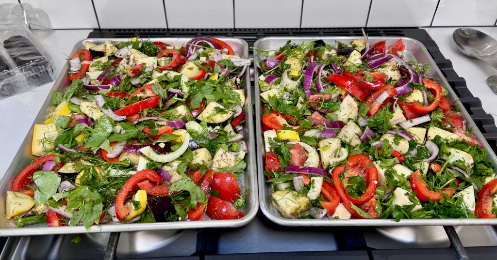 Veggies on a backing sheet for Briam