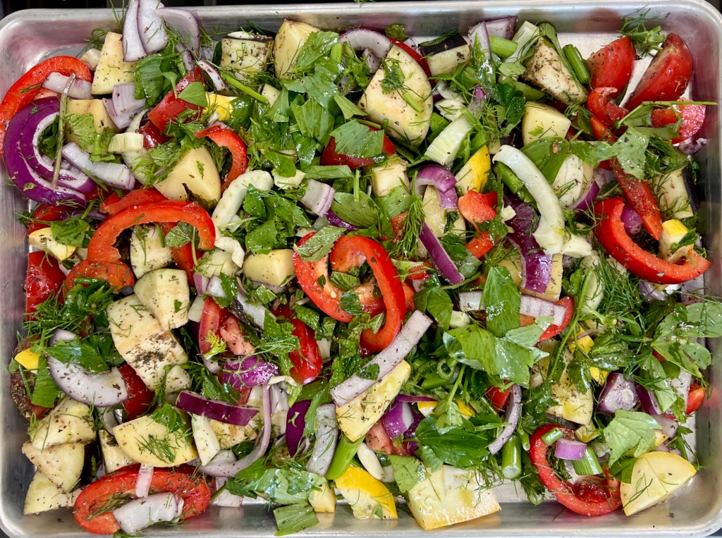 Veggies on a backing sheet for Briam