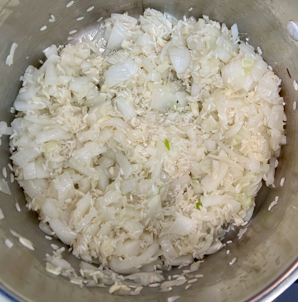 Saute onion and rice.