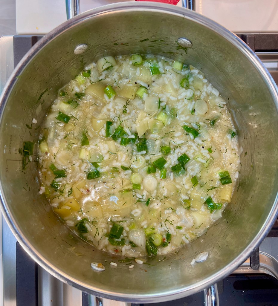 toss in dill, lemon juice, and green onions and let sit for 10 minutes